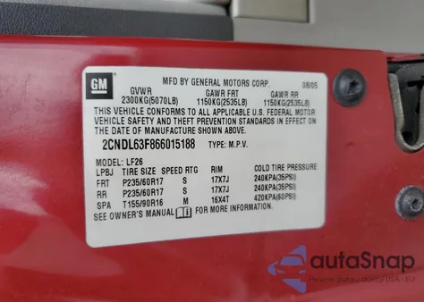 2006 Chevrolet Equinox Lt from USA, damaged, VIN 2CNDL63F866015188